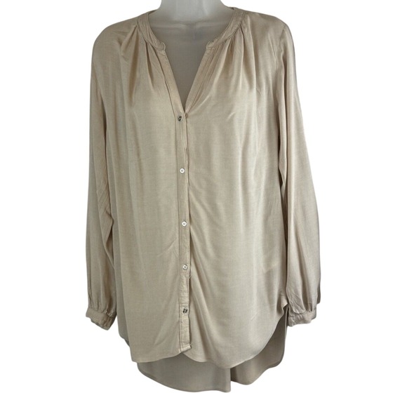 H&M Tunic Blouse Shirt V Neck Long Sleeve Button Up Beige 6 minimalist 58-17 - Picture 1 of 15